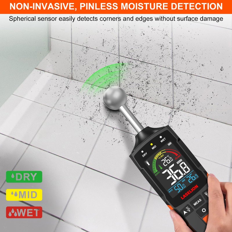 LASELION MS04 Pinless Moisture Meter with Ball Probe for Non-Destructive Area Scans Ideal for Wood Walls and Construction Materials Customizable Humidity Alarms Built-in Flashlight - Image 3